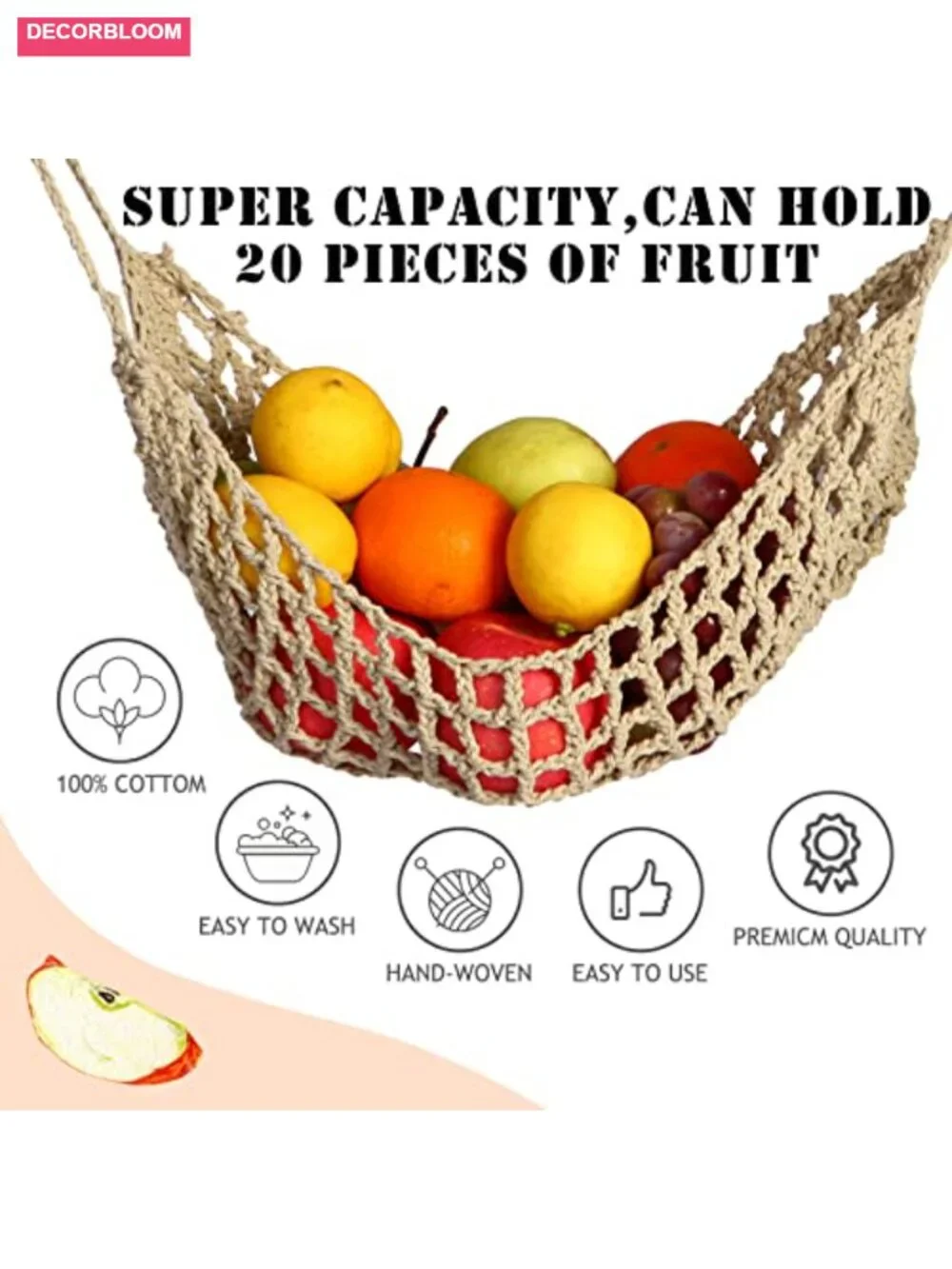 Large Macrame Fruit Hammock for Kitchen Under Cabinet Storage with 4 Hooks